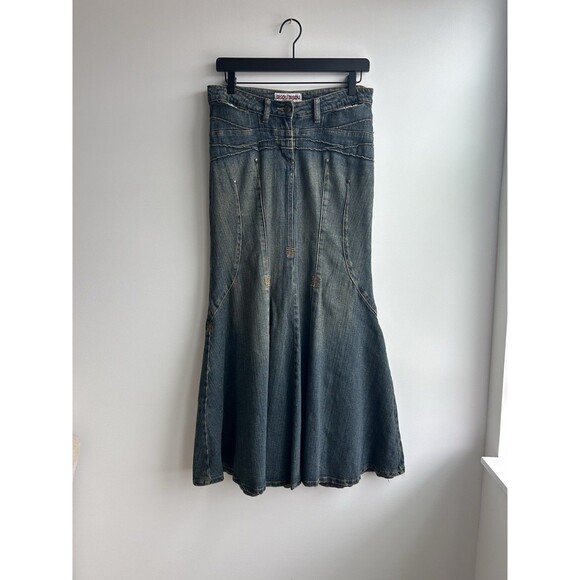 Vtg 90s BISOU BISOU Blue Faded Stretch Cotton Denim Mermaid Maxi Skirt Size 6 - Picture 1 of 10